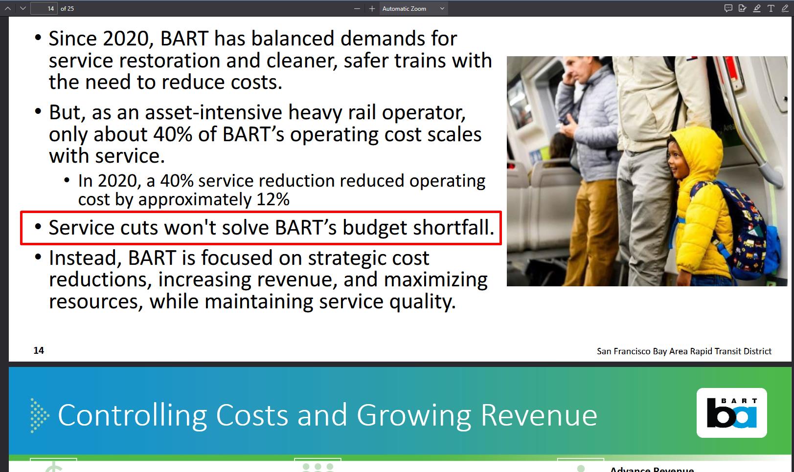 Official BART board presentation slide stating: Service cuts won't solve BART's budget shortfall