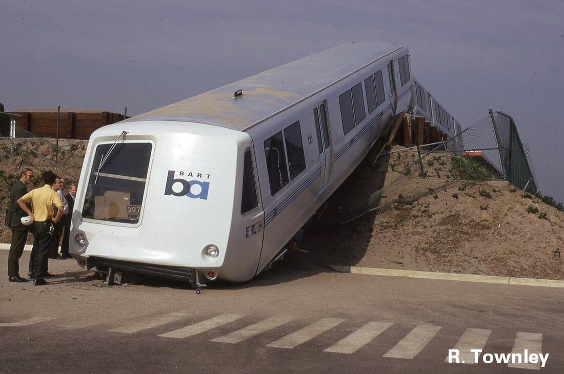 Cover of the Off the Rails report showing the historic 1972 Fremont BART derailment photo by R. Townley